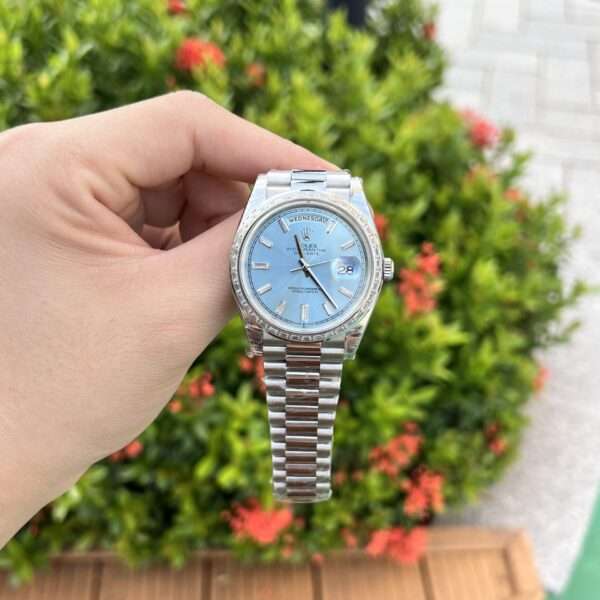 Rolex Replica Watch Day-Date Ice Blue Dial With Baguette Stones EW Factory 40mm