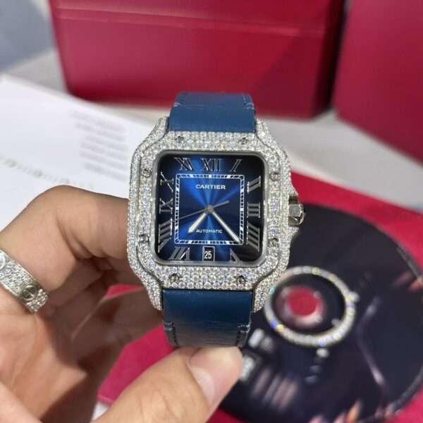 Cartier Santos Replica Watch Blue Dial Custom Moissanite Diamonds 39.8mm