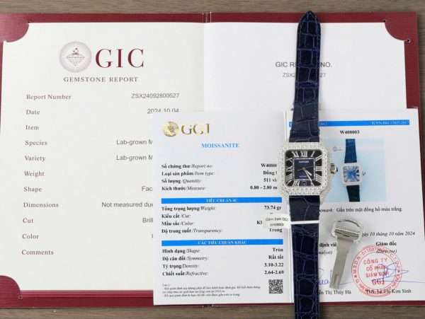 Cartier Santos Best Copies Watch Dial Blue Custom Diamonds Moissanite Hong Kong 39.8mm